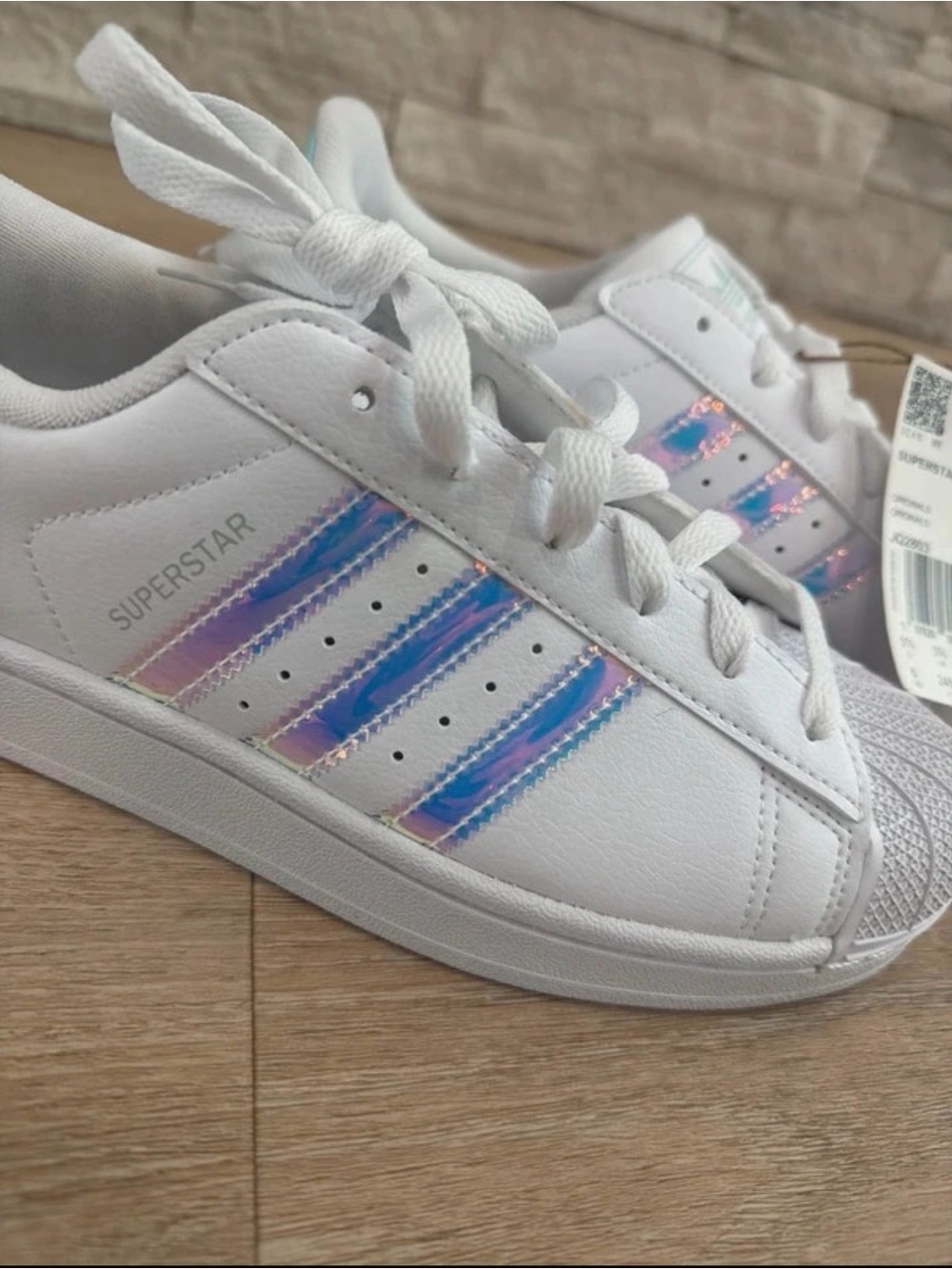 adidas Womens Superstar Sneakers — White with Iridescent Stripes